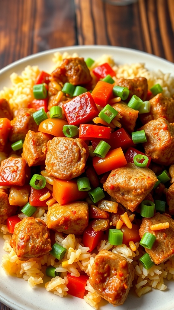 A plate of spicy pork jambalaya with pork, bell peppers, and rice garnished with green onions.